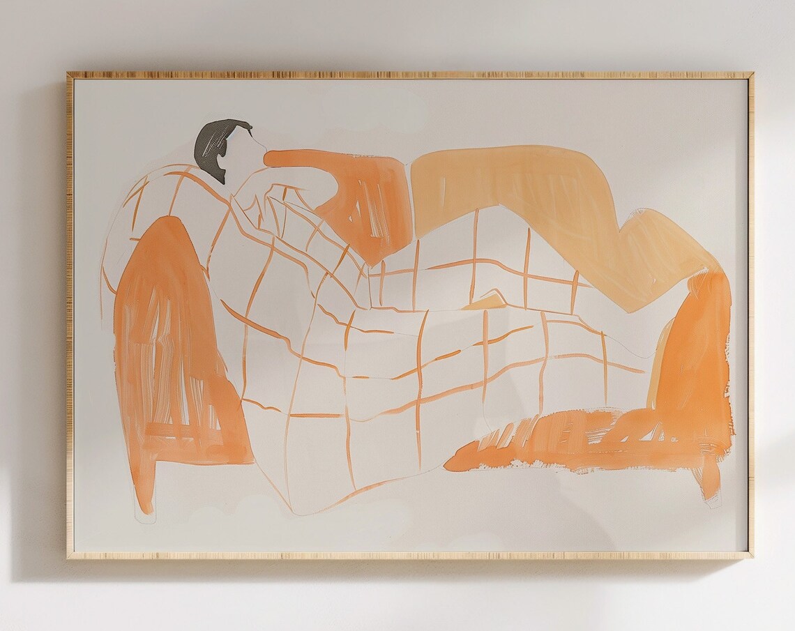 Minimalist Line Drawing Of Relaxing Woman In Orange Art Poster