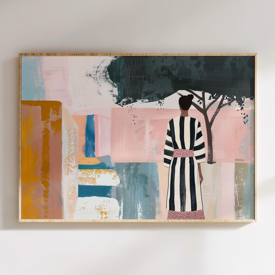 Woman Striped Robe Pastel Courtyard Abstract Pink Blue Art Poster