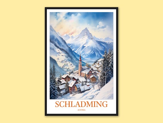 Schladming Austria Alpine Village Snowy Mountain Watercolor Poster