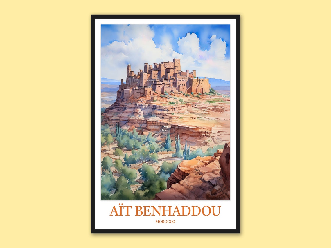 Ait Benhaddou Morocco Kasbah on the Cliffs Watercolor Travel Poster