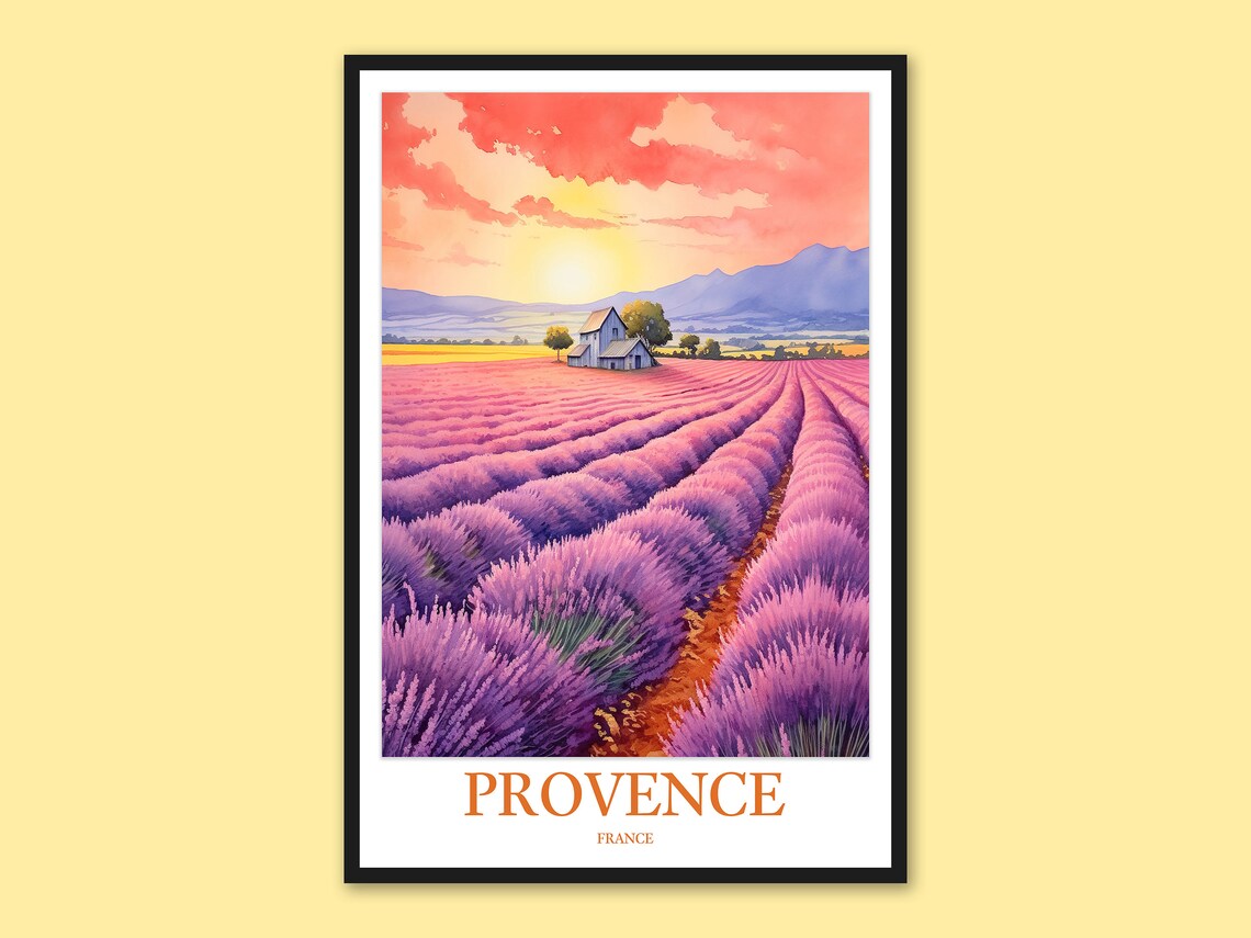 Provence France Pink Sunset Lavender Field Watercolor Poster