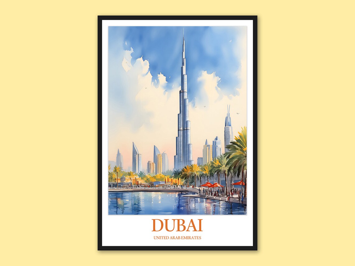 Dubai Burj Khalifa Lake Palm Trees Blue Sky Watercolor Travel Poster