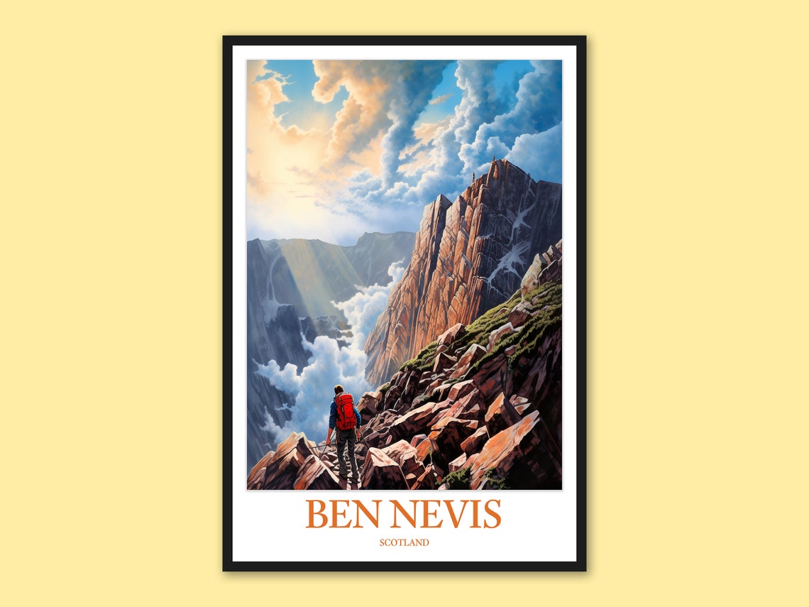 Ben Nevis Scotland Hiker Facing Red Rock Peak Cloudy Sky Travel Poster