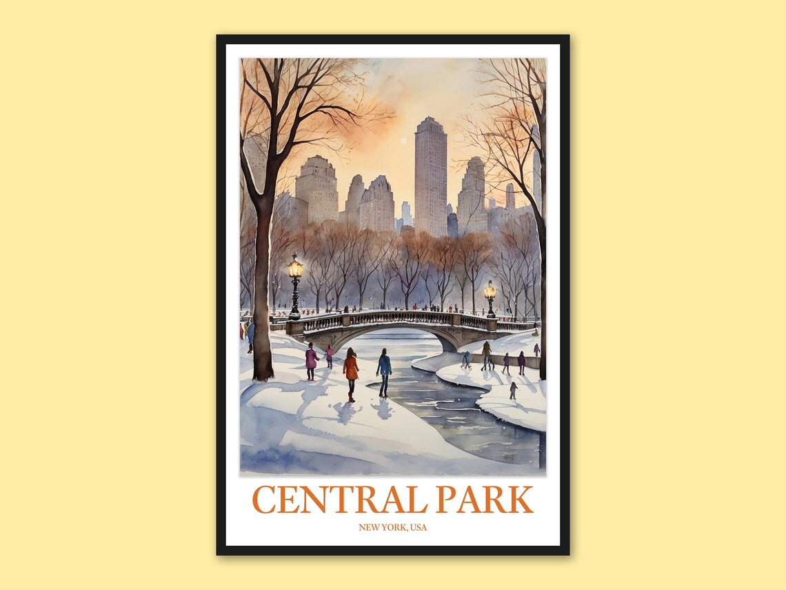 Central Park Winter Skaters Frozen Pond Bridge New York Travel Poster