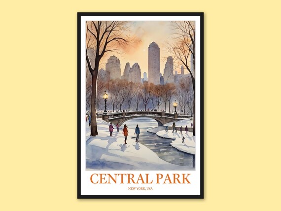 Central Park Winter Skaters Frozen Pond Bridge New York Travel Poster