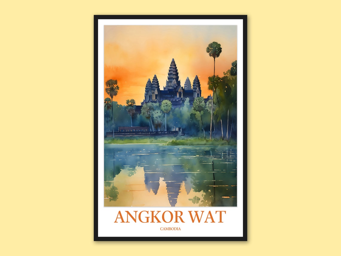 Angkor Wat Cambodia Sunset Moat Reflection Watercolor Travel Poster