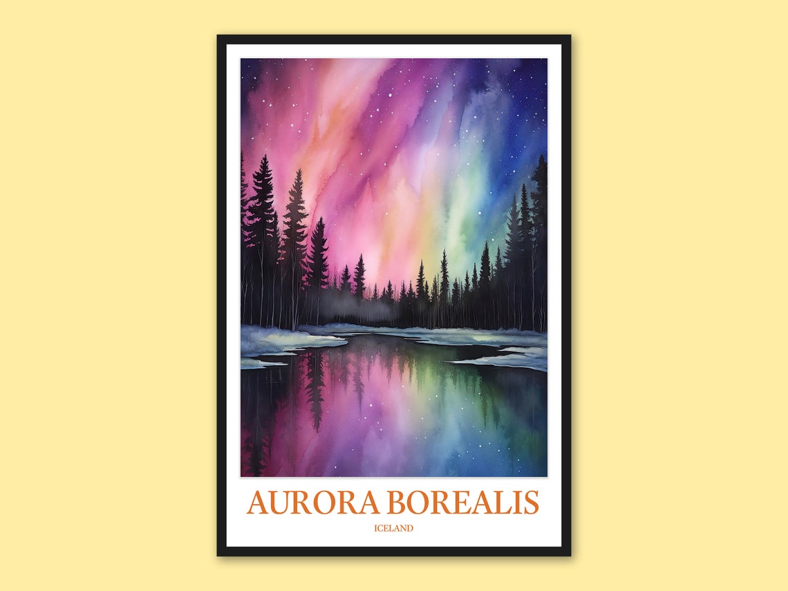 Pink Aurora Borealis Iceland Night Sky Reflection Travel Poster