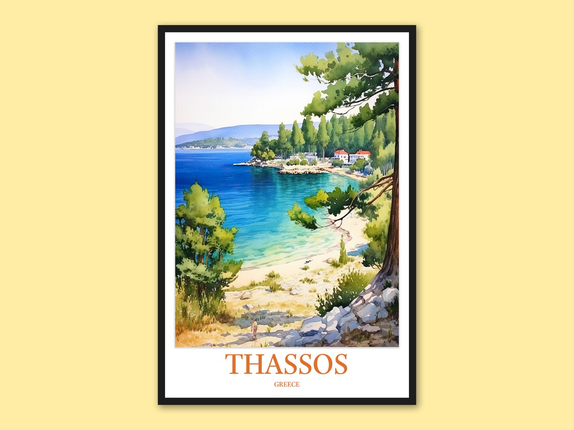 Thassos Greece Turquoise Bay Pine Trees Beach Watercolor Art Poster