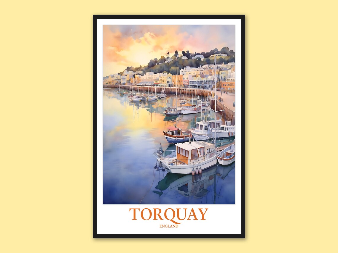 Torquay Harbour Morning Fishing Boats Watercolor Poster England