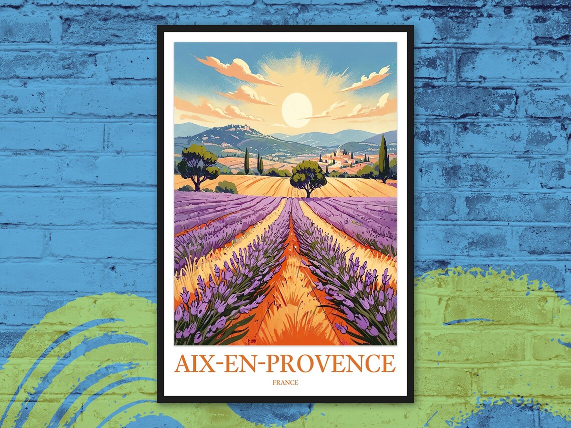 Aix-en-Provence Lavender Field Hilltop Village France Travel Poster
