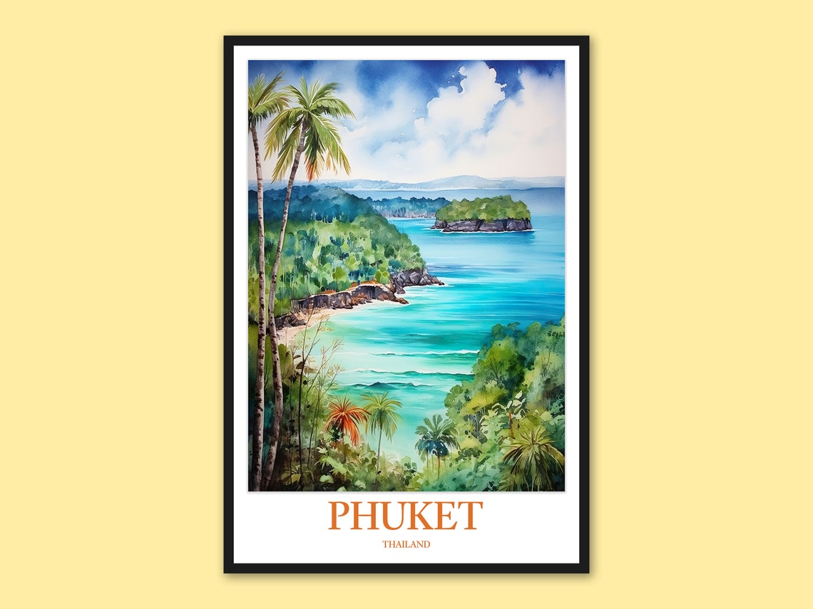 Phuket Thailand Panoramic Bay Palm Overlook Watercolor Poster