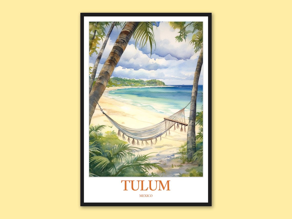 Tulum Beach Hammock Swaying Between Palm Trees Travel Poster