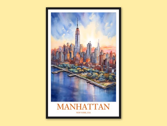Manhattan Downtown Skyline Waterfront Dawn Watercolor Poster
