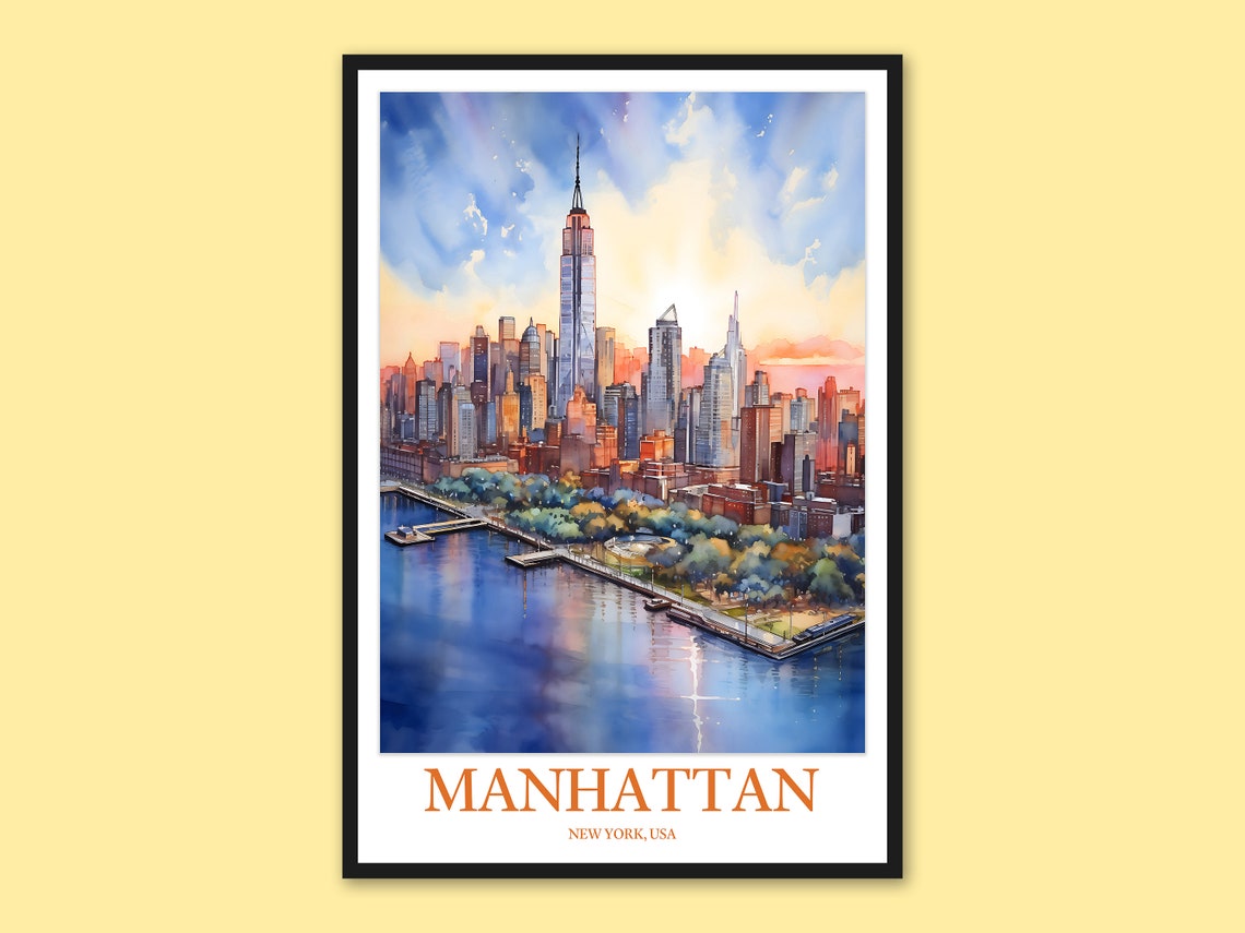 Manhattan Downtown Skyline Waterfront Dawn Watercolor Poster