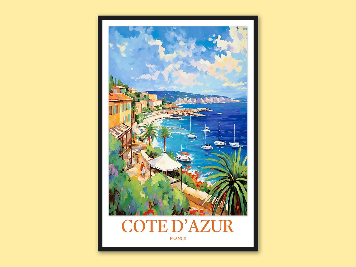 Cote D'Azur France Riviera Harbor Sailboats Watercolor Travel Poster