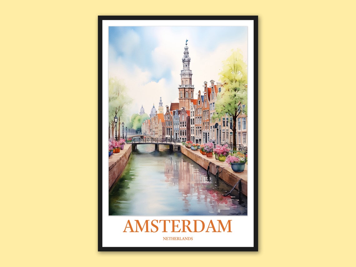 Amsterdam Netherlands Flower Lined Canal Bridge Watercolor Poster