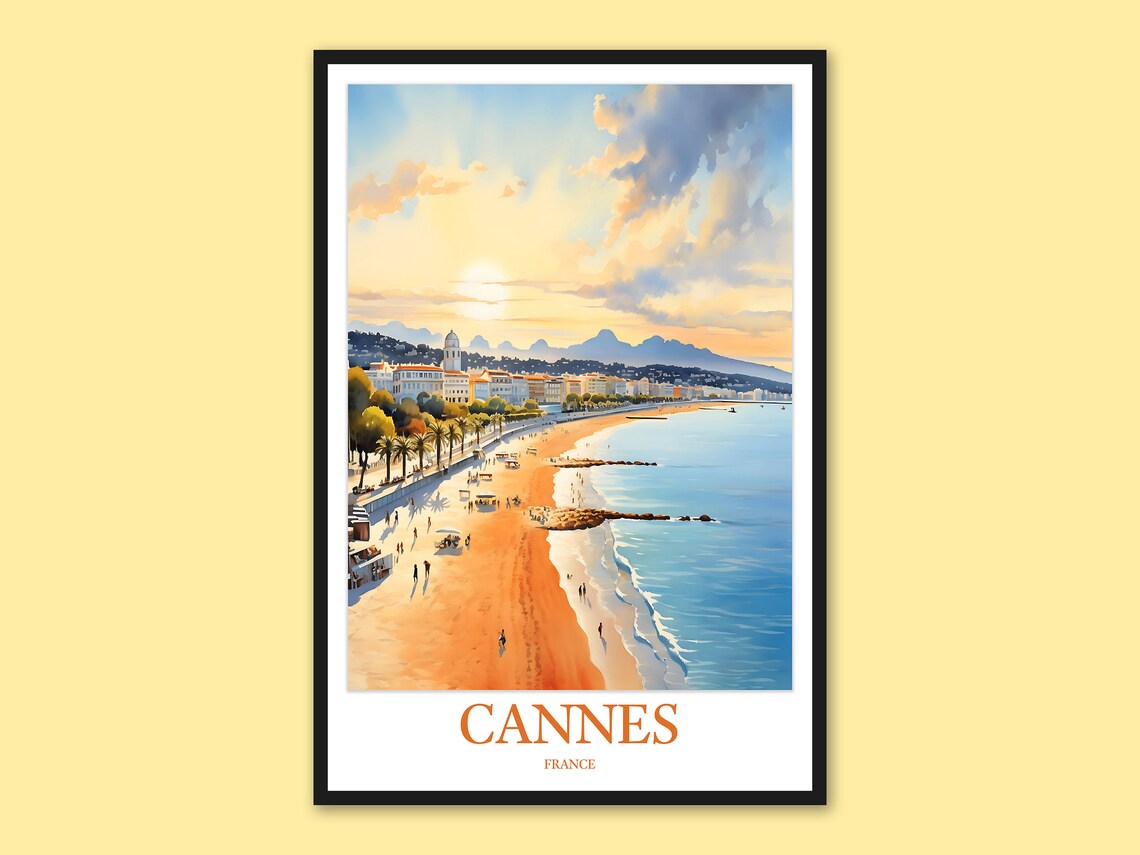 Cannes France Sunset Promenade Aerial Watercolor Travel Poster