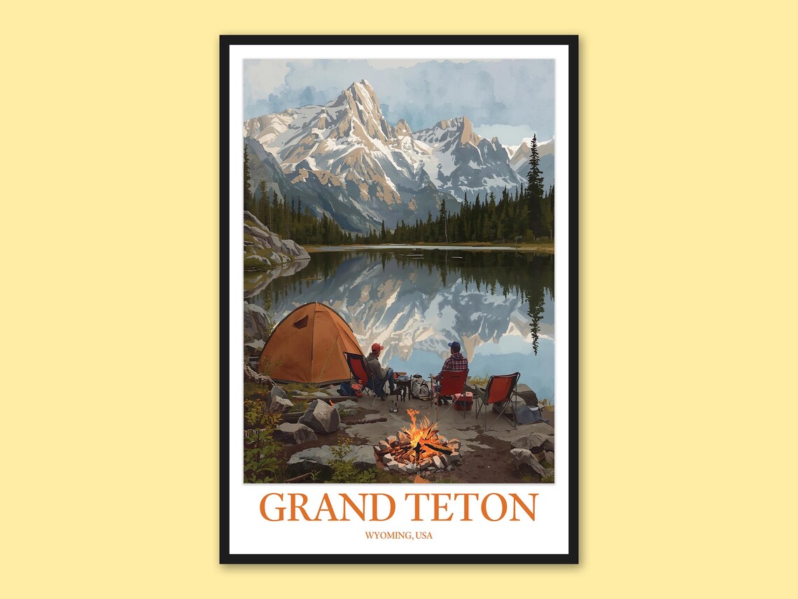 Grand Teton Wyoming Camping Tent Lakeside Sunset Travel Poster