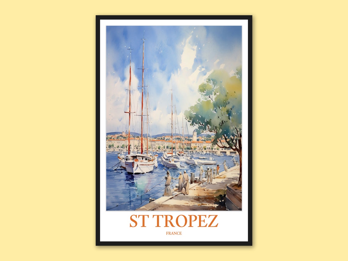 St Tropez France Waterfront Promenade Sailboats Watercolor Wall Print