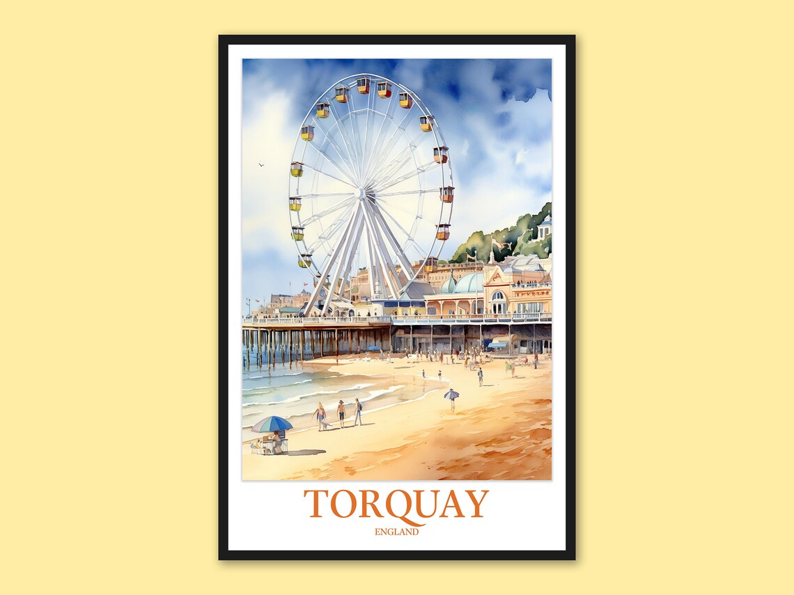 Torquay England Ferris Wheel on Beach Watercolor Travel Poster