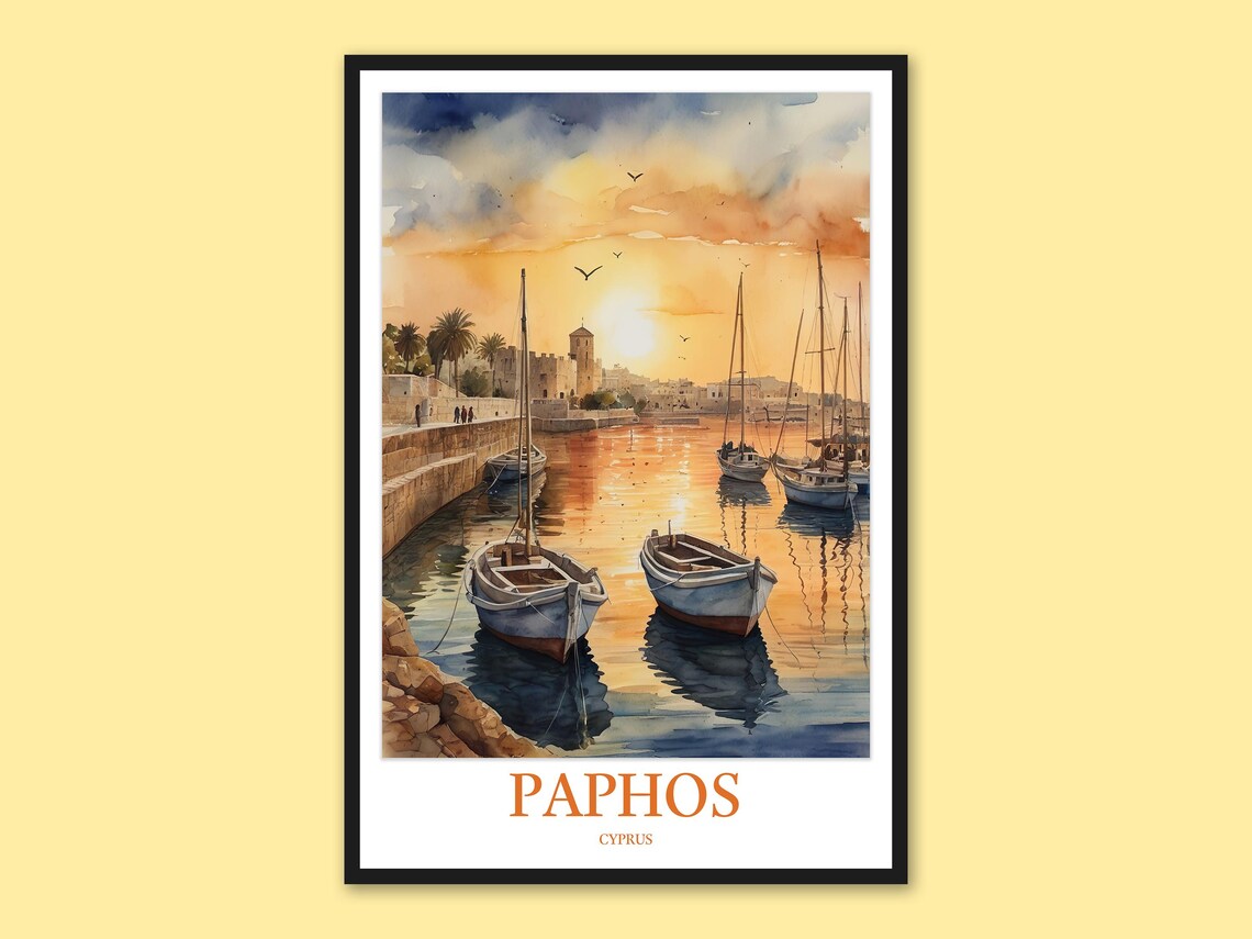 Paphos Cyprus Palm Harbor Inlet Golden Sunset Watercolor Poster