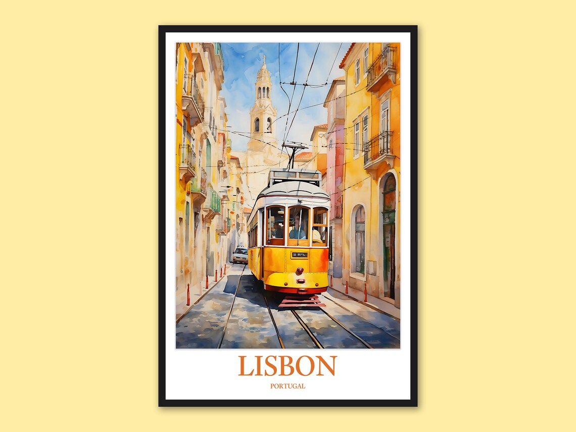 Lisbon Portugal Historic Yellow Tram on a Sunlit Street Poster