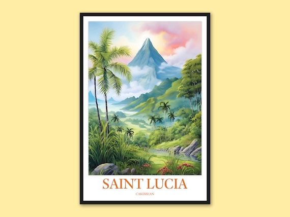 Saint Lucia Caribbean Piton Sunrise Jungle Valley Watercolor Poster