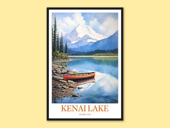 Kenai Lake Alaska Rocky Shore Red Canoe Vintage Travel Poster
