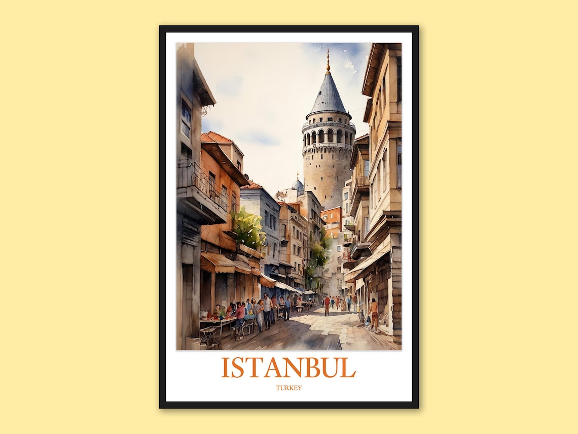 Istanbul Galata Tower Lively Cafe Street Watercolor Travel Poster