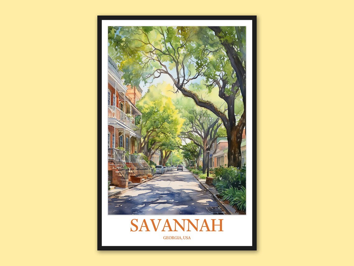Savannah Georgia Historic Oak Street Watercolor Travel Poster