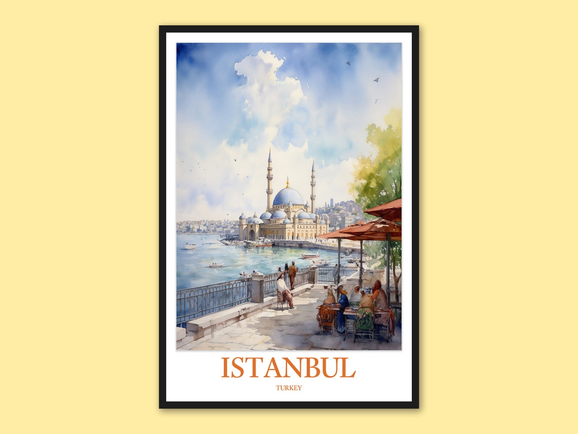 Istanbul Mosque Waterfront Cafe Watercolor Travel Art Poster