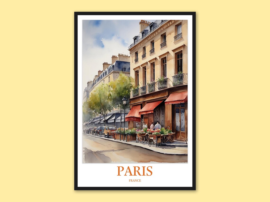 Paris Flower Market Street Scene Watercolor Travel Wall Poster