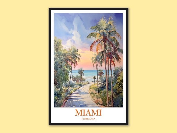 Miami Florida Palm Tree Beach Road Sunset Watercolor Travel Poster