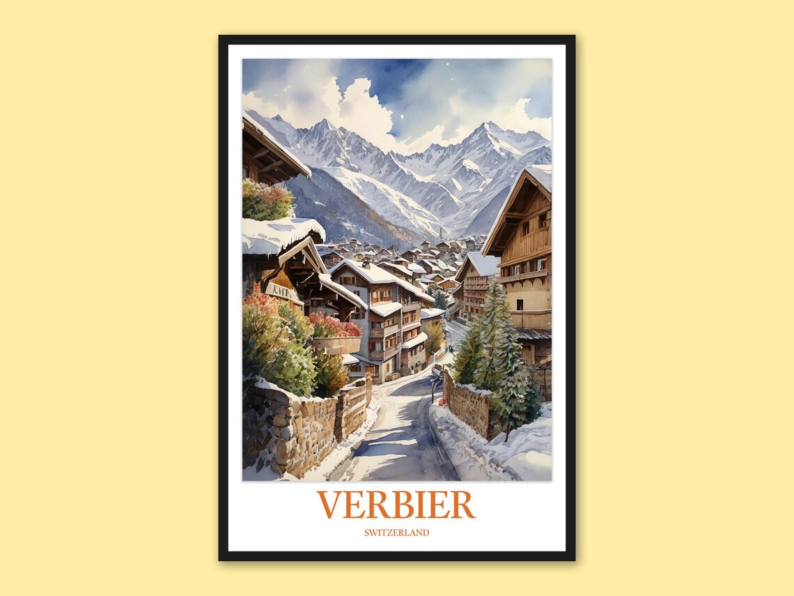 Verbier Switzerland Snowy Village Street Winter Travel Poster