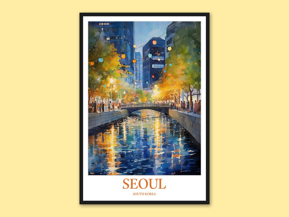 Seoul South Korea Cheonggyecheon Evening Watercolor Travel Poster