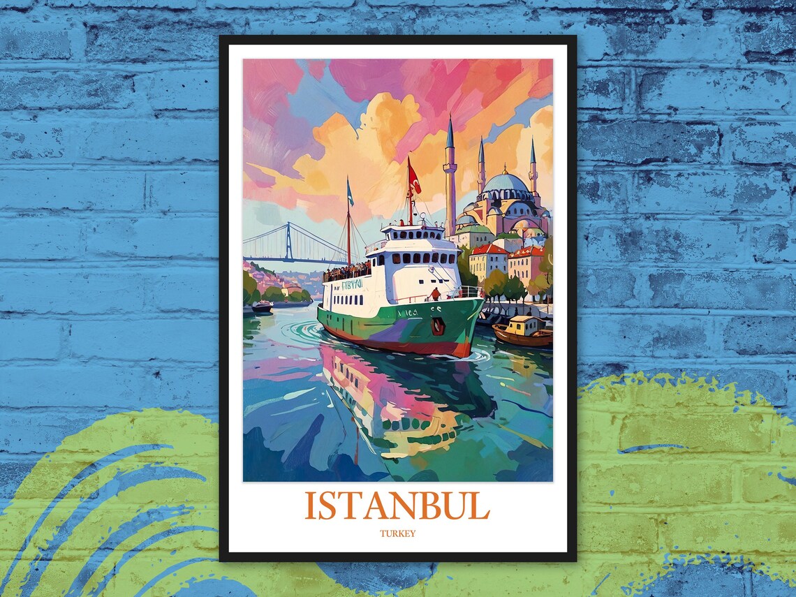 Istanbul Turkey Colorful Ferry Mosque Pink Sky Pop Art Travel Poster