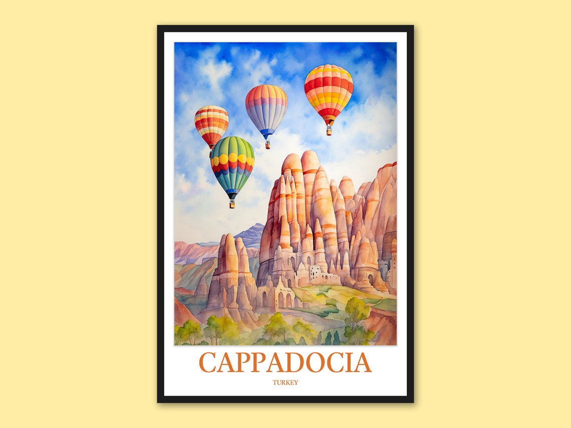 Cappadocia Four Hot Air Balloons Over Red Rock Spires Travel Poster