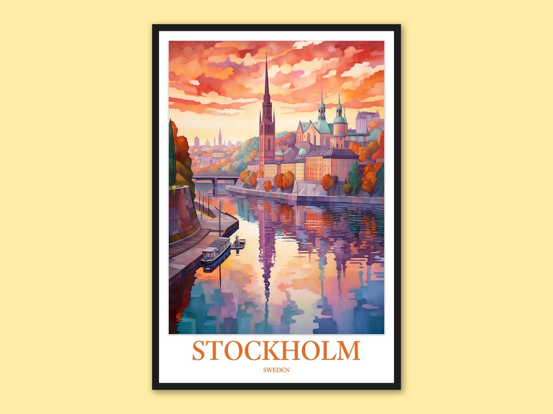 Stockholm Sweden Canal Sunset Church Spire Reflection Travel Poster
