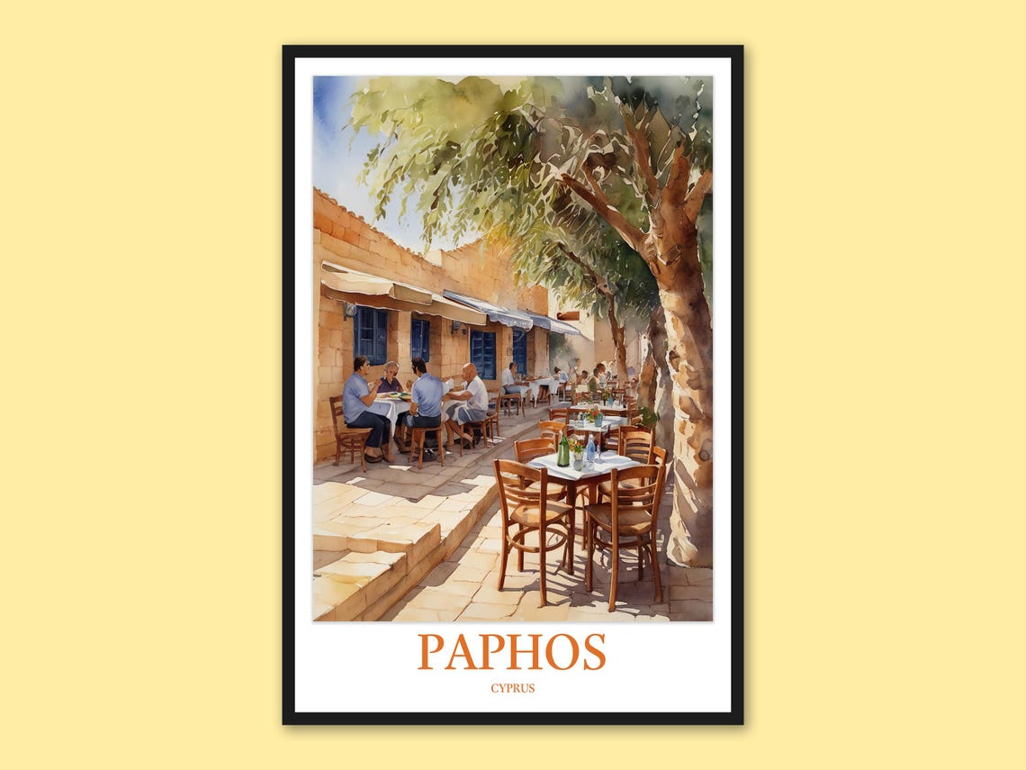 Paphos Cyprus Sunny Taverna Terrace Diners Watercolor Poster
