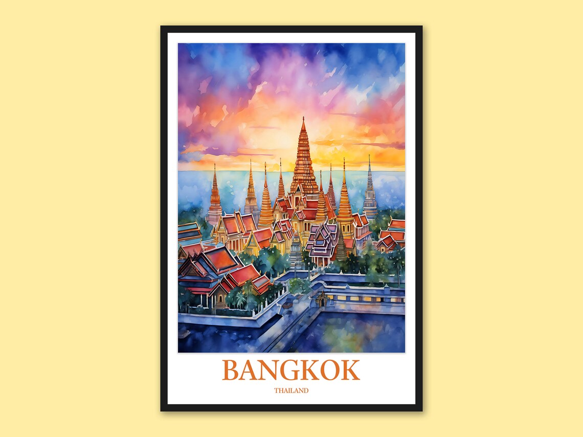 Bangkok Grand Palace Sunset Spires Riverside Watercolor Poster
