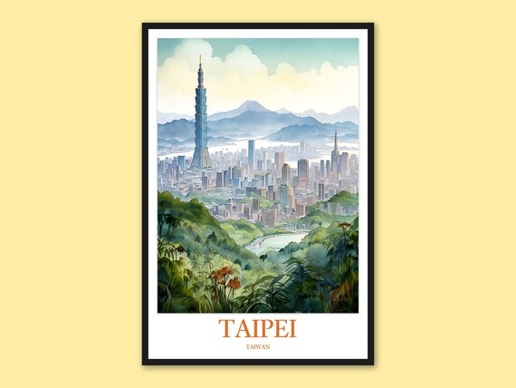 Taipei Taiwan City Skyline Watercolor Painting Travel Poster