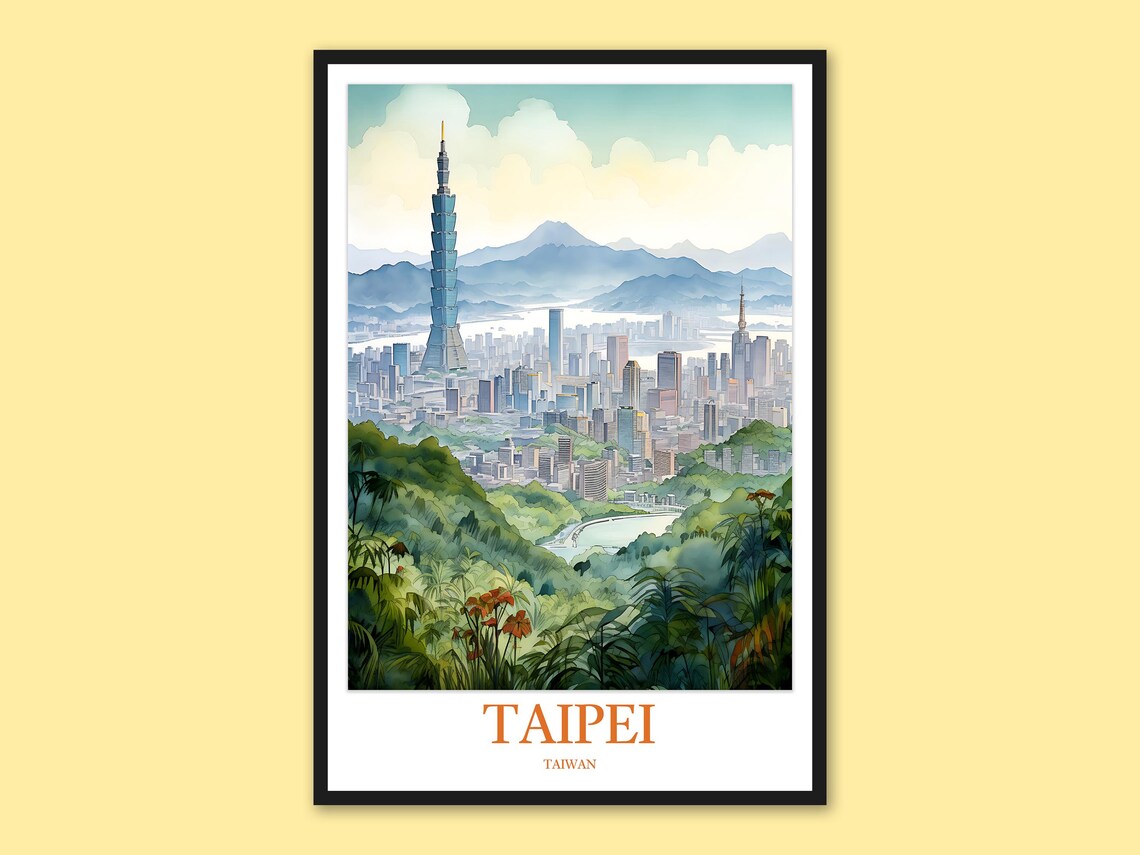 Taipei Taiwan City Skyline Watercolor Painting Travel Poster