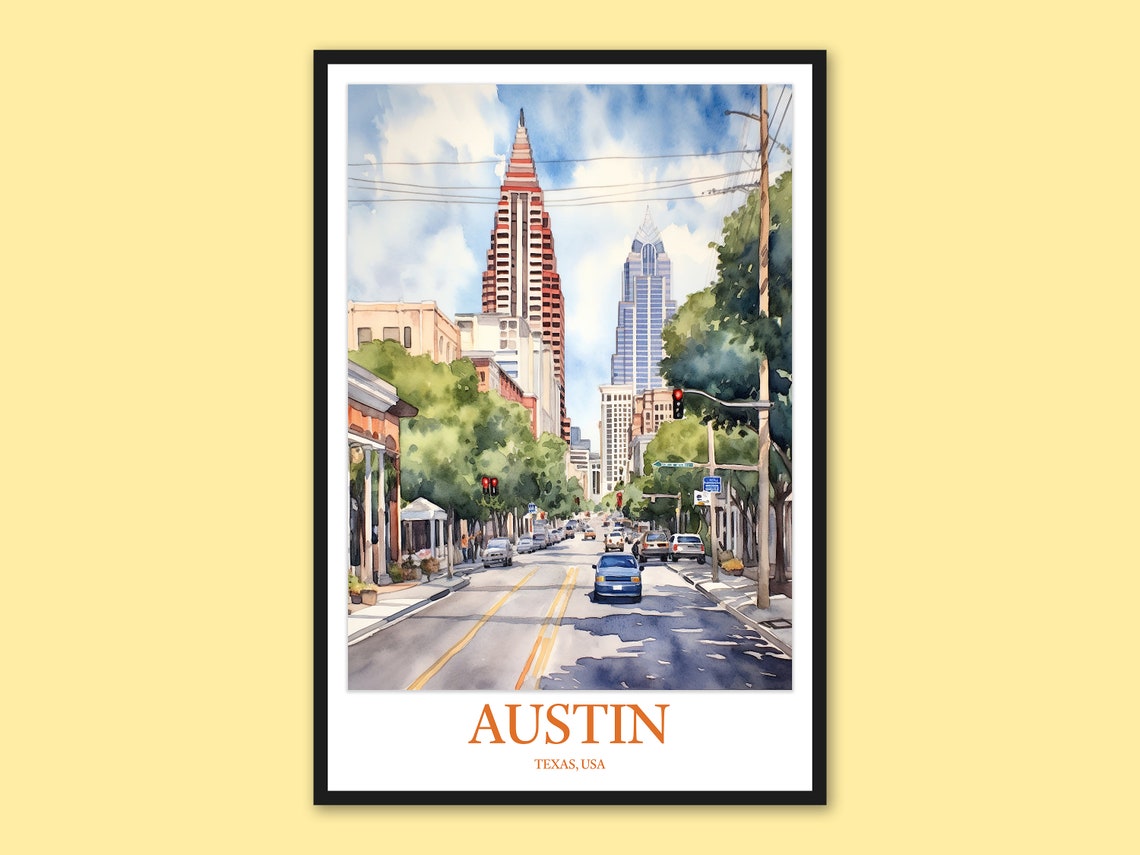 Austin Texas Downtown Street Skyline Watercolor Travel Art Poster