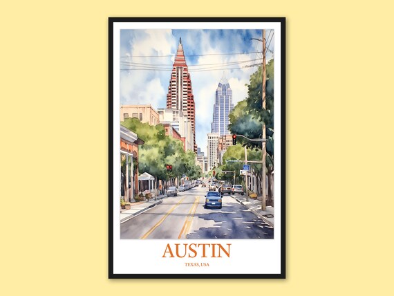 Austin Texas Downtown Street Skyline Watercolor Travel Art Poster
