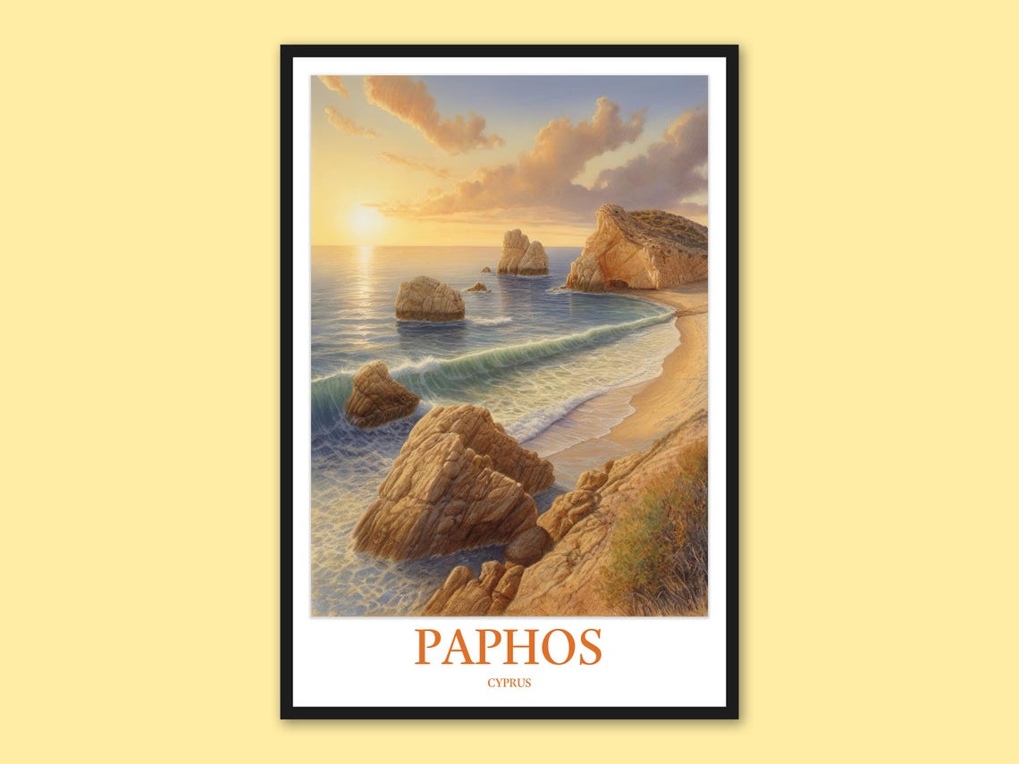 Paphos Cyprus Aphrodite Rock Sunrise Golden Waves Coastal Poster