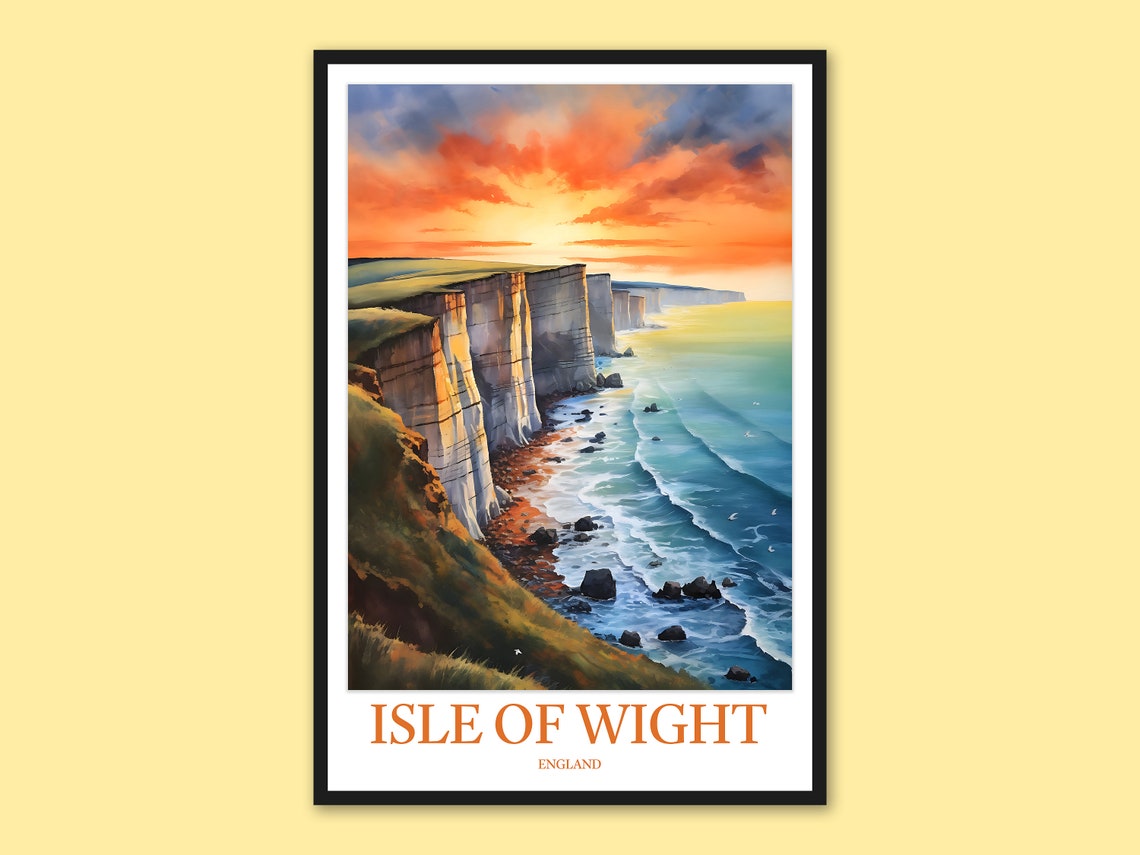 Isle of Wight Chalk Cliffs Golden Sunset Coastline Watercolor Poster