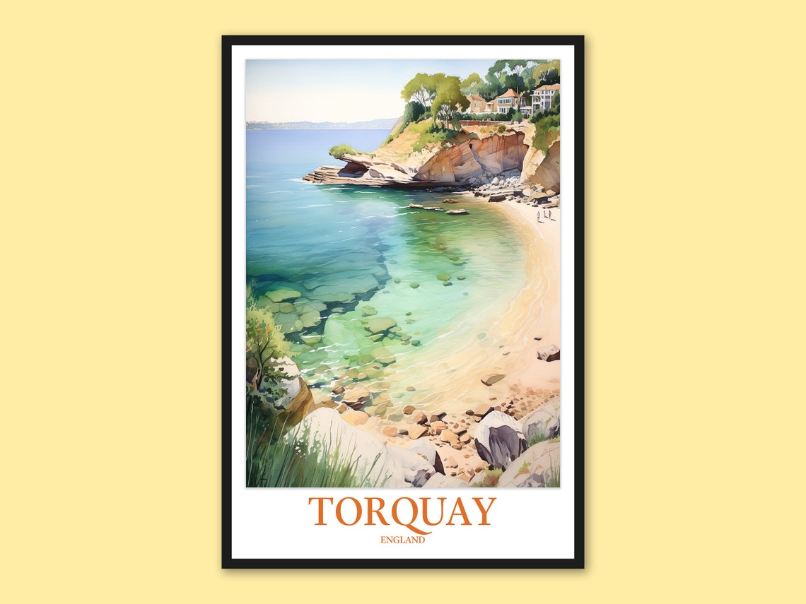 Torquay England Turquoise Cove Beach Watercolor Travel Poster