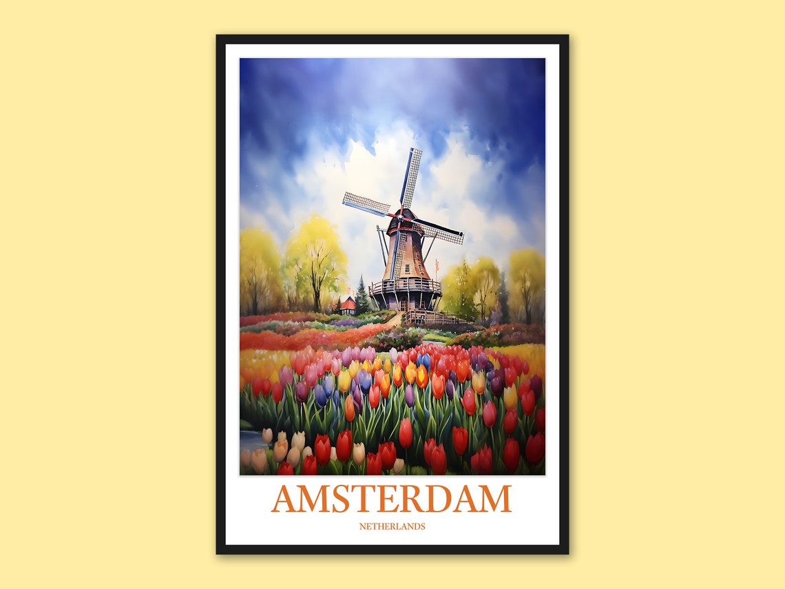 Amsterdam Windmill Colorful Tulip Fields Netherlands Travel Poster