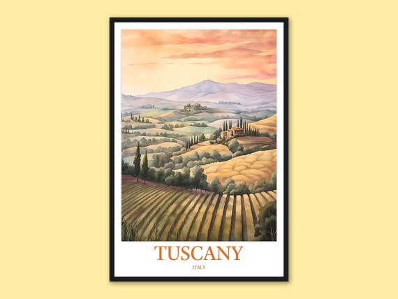 Tuscany Italy Vineyard Hills and Cypress Sunset Travel Poster