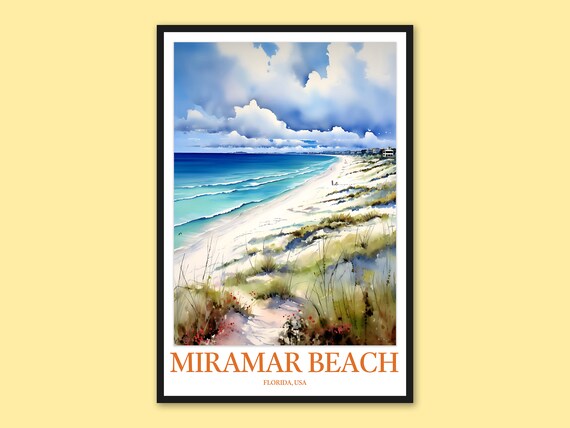 Miramar Beach Florida Watercolor Travel Poster Long White Sand Beach Dunes